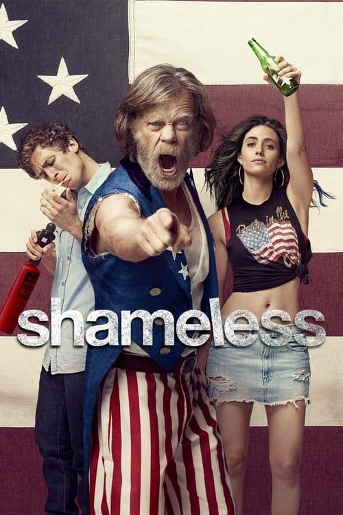Shameless poster featuring Frank Gallagher dressed in patriotic clothing pointing forward with other Gallagher family members posing in front of an American flag.