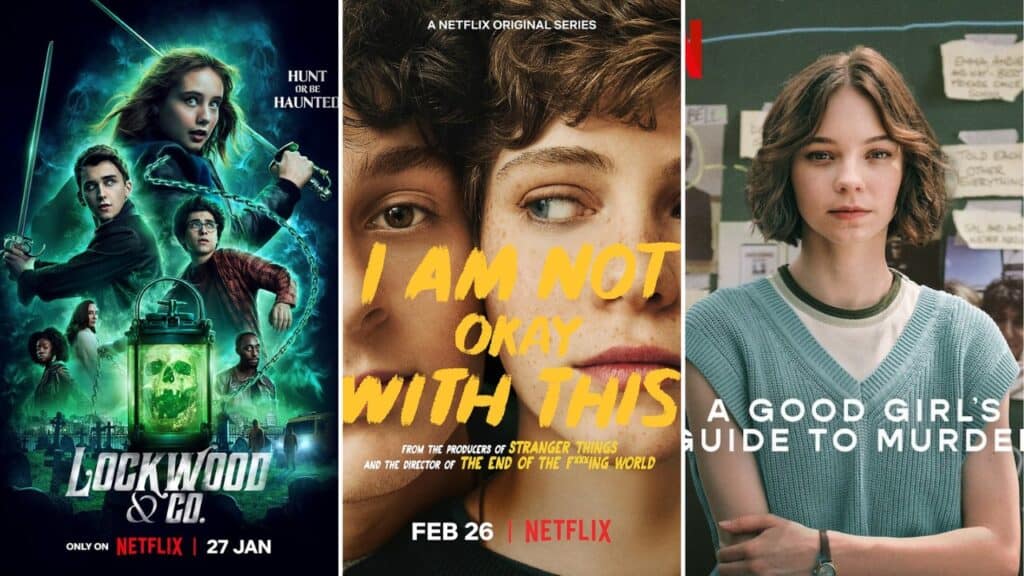 Collage of short Netflix mystery and supernatural shows like Lockwood & Co, I Am Not Okay With This, and A Good Girl’s Guide to Murder, similar in tone to Wednesday.