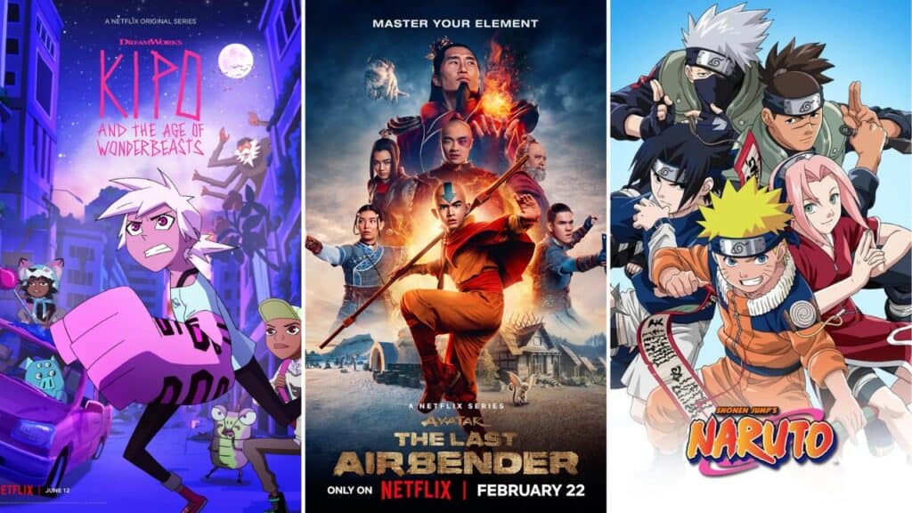 Kipo, Avatar The Last Airbender, and Naruto characters shown together for a post about shows like Avatar The Last Airbender for fantasy fans