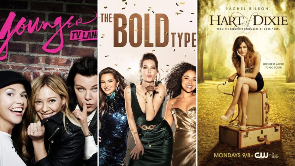 Shows like Emily in Paris featuring Younger, The Bold Type, and Hart of Dixie promotional images side by side.