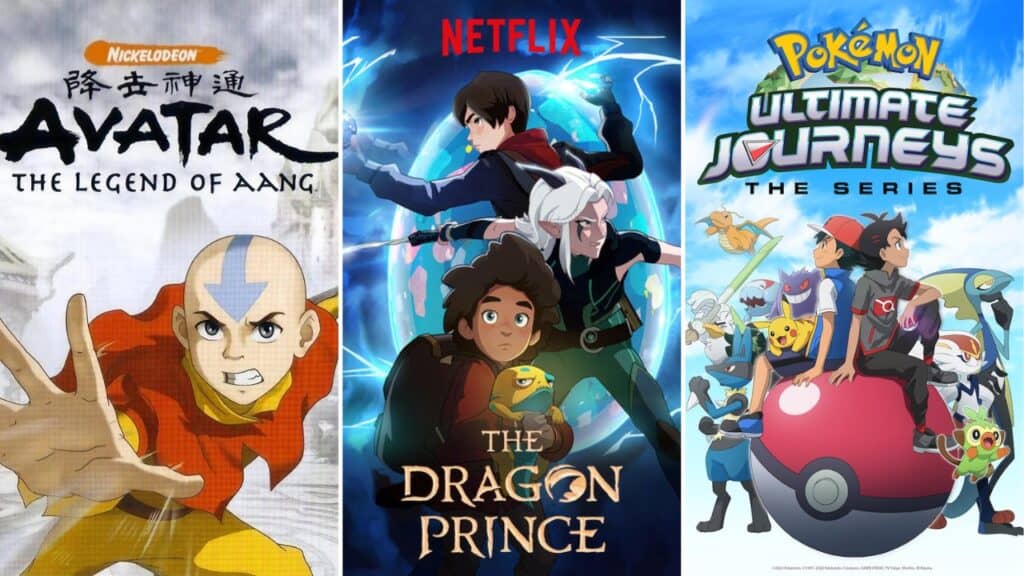 Posters for Avatar The Last Airbender, The Dragon Prince, and Pokémon Ultimate Journeys representing shows like One Piece on Netflix kids love