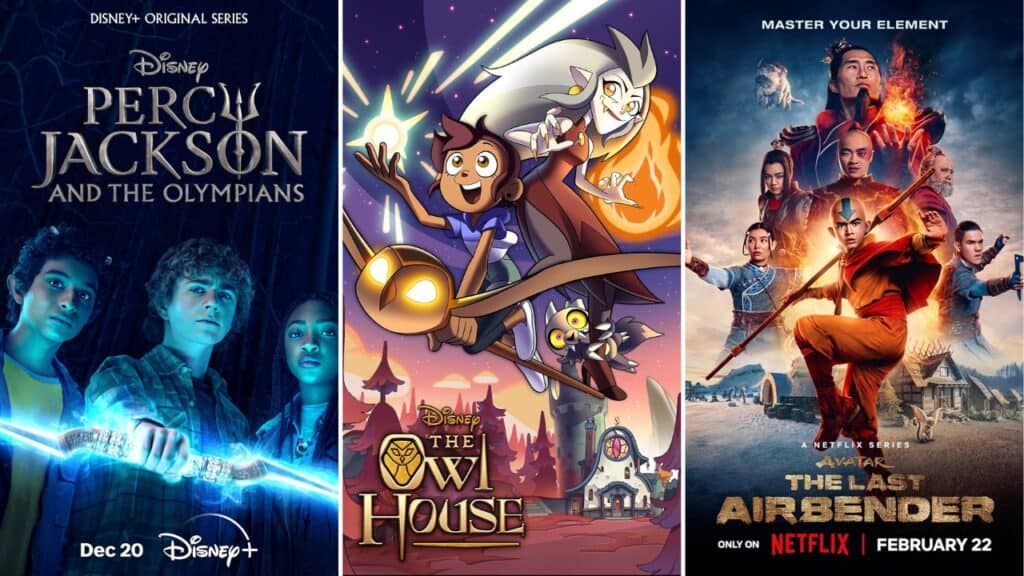 Shows like Percy Jackson for mythology fans featuring Percy Jackson and the Olympians, The Owl House, and Avatar The Last Airbender posters.