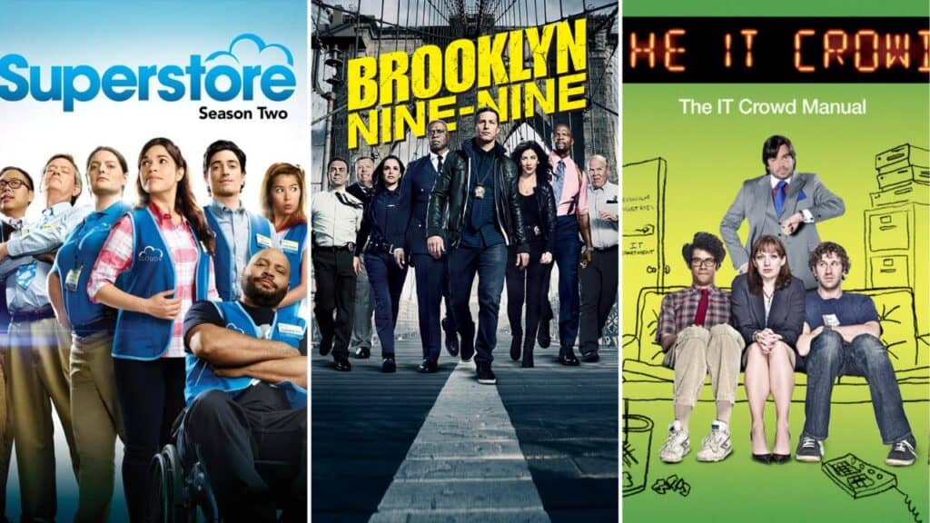 Shows like The Office with workplace humor including Superstore, Brooklyn Nine-Nine, and The IT Crowd featured in a comparison image