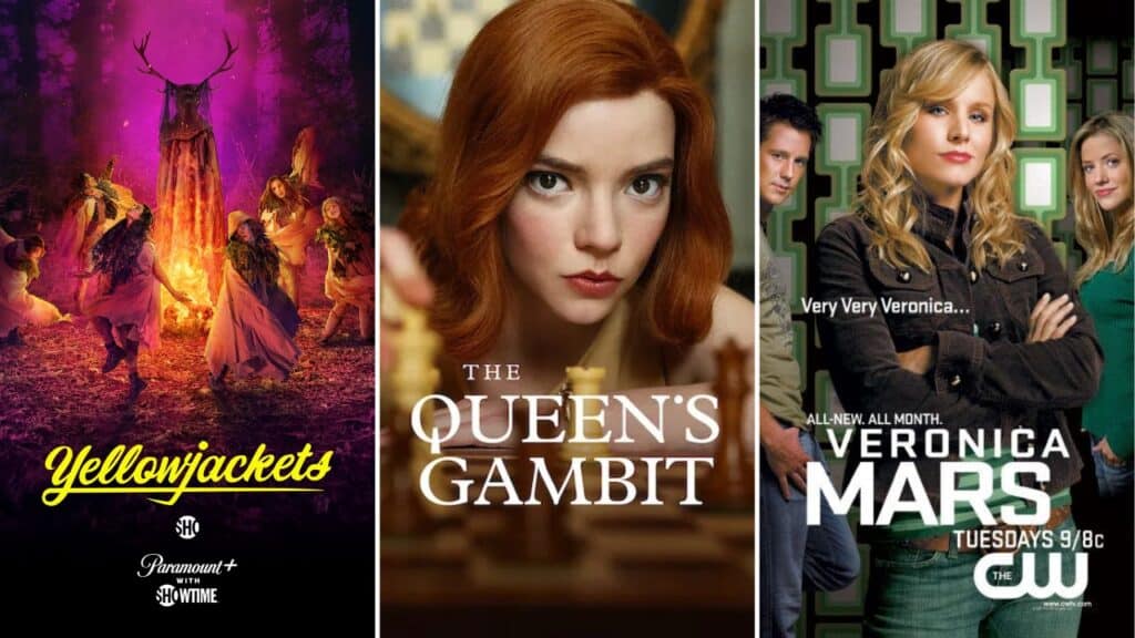 Collage of shows like Wednesday with strong female leads, including Yellowjackets, The Queen’s Gambit, and Veronica Mars.