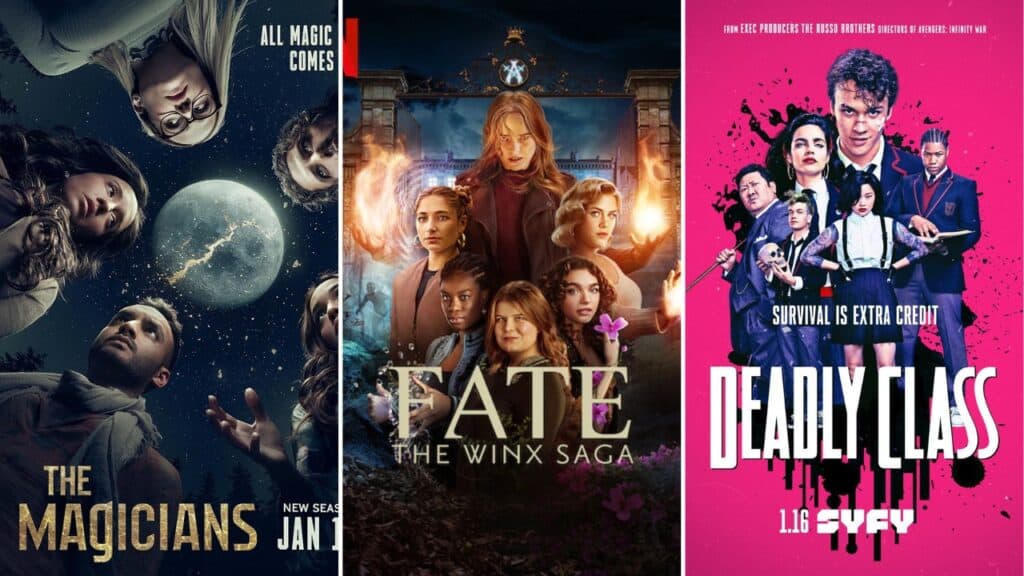 Collage of shows like Wednesday with supernatural schools or academies, including The Magicians, Fate: The Winx Saga, and Deadly Class.
