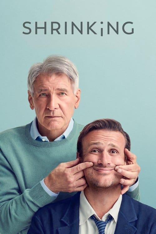 Poster for the Apple TV+ series Shrinking showing Paul and Jimmy with Paul stretching Jimmy’s face into a forced smile.