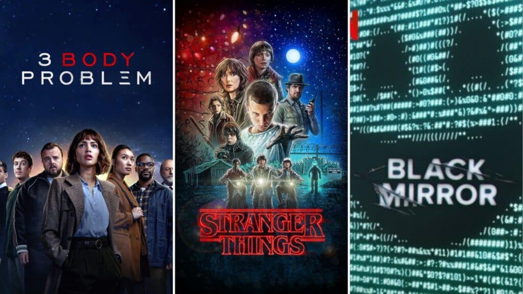 Collage of posters for 3 Body Problem, Stranger Things, and Black Mirror highlighting top picks for The Best Sci Fi Shows on Netflix.