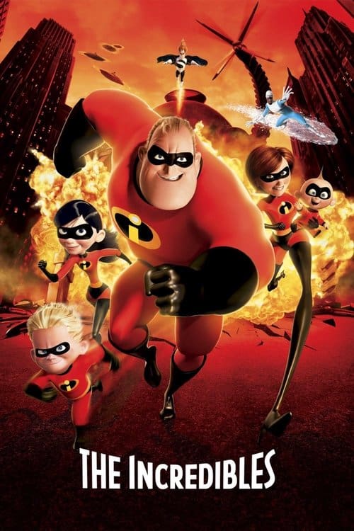 The Parr family in their red superhero suits running toward the camera with fire and city buildings in the background.