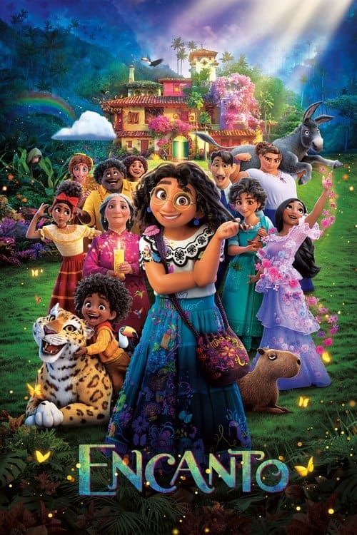 Mirabel and the entire Madrigal family standing in front of their magical colorful house, the Casita.