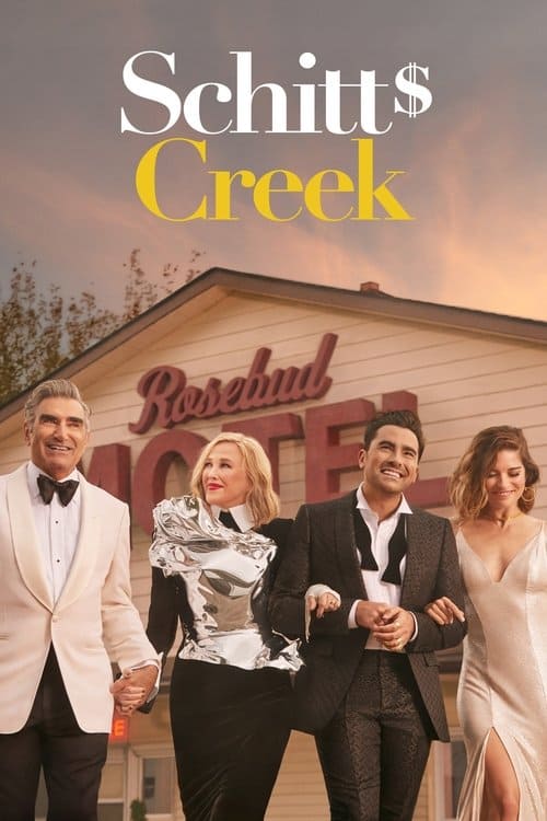 A vertical promotional image for the TV show "Schitt's Creek," showing the four main characters from the Rose family in formal wear against a pink and orange evening sky. Johnny Rose (white tuxedo), Moira Rose (black dress with crinkled silver detailing), David Rose (black patterned suit), and Alexis Rose (sparkly silver dress) walk confidently while looking up. The family is in front of a motel building, with the red neon text for "Rosebud MOTEL" visible. The show's title, "Schitt's Creek", is at the top in elegant text.