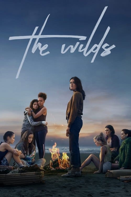 This is a vertical poster for the show "The Wilds." The scene takes place at twilight on a sandy beach by the ocean. A central, intense campfire provides warmth. Six young women are gathered around it. The central figure is a woman with short dark hair in a brown cardigan and jeans, standing and looking directly at the viewer. Other women are in various groups: one with an afro hugs a crying woman; others are sitting, with one in a fuzzy green jacket. The background is a calm ocean under a dusky, blue and yellow sky. Above the figures, the title "The Wilds" is written in a large, white, energetic script font.