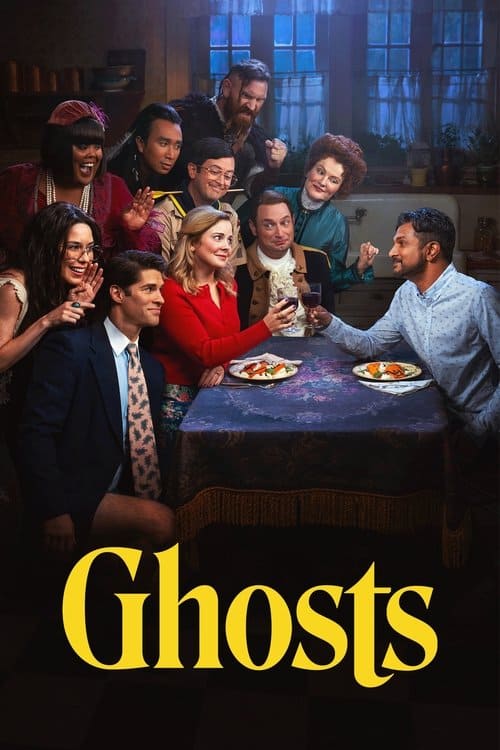 A vertical promotional image for the TV show "Ghosts," showing two living people and nine distinct ghostly characters gathered around a candlelit dinner table in a dimly lit, older-style room. The living couple, a woman in a red cardigan and a man in a blue shirt, are raising wine glasses in a toast. Behind them, the diverse group of ghosts in period-specific and varied attire are watching or reacting to the toast. The show's title, "Ghosts", is in large, yellow, sans-serif font at the bottom.