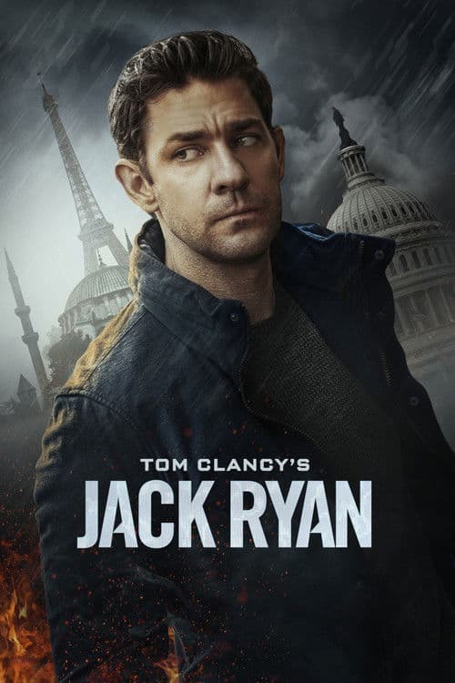 A vertical poster featuring actor John Krasinski as Jack Ryan, set against a background of the Paris Eiffel Tower and the Washington D.C. Capitol Building under stormy skies, with fire and sparks at the base. The text reads
