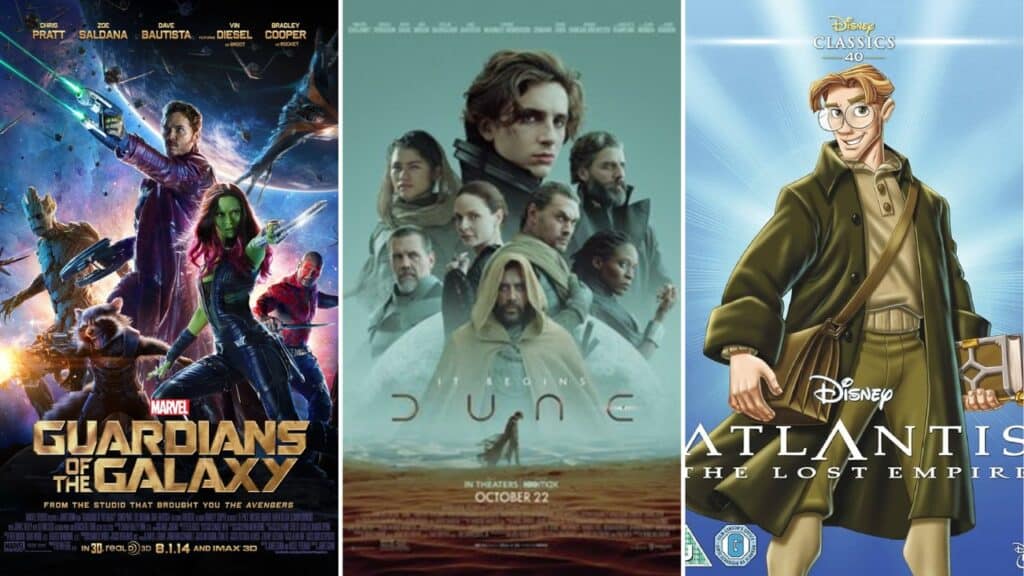 Posters for Guardians of the Galaxy, Dune, and Atlantis The Lost Empire, three adventure heavy sci fi films similar to movies like Avatar.