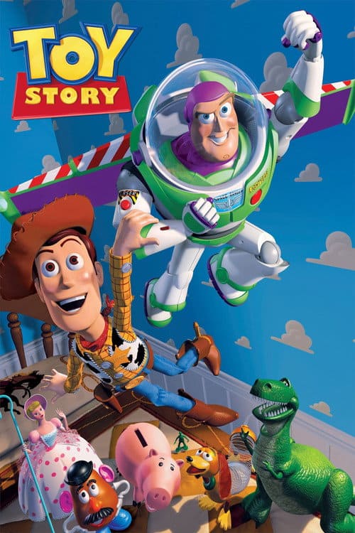 Buzz Lightyear with wings extended flying through a bedroom while holding onto Woody the cowboy.