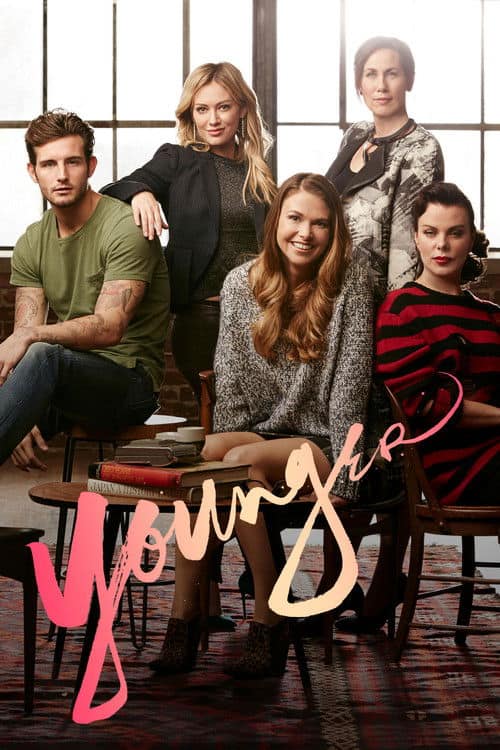 Younger TV series poster featuring the main cast in a publishing office comedy about career reinvention, friendship, and romance.