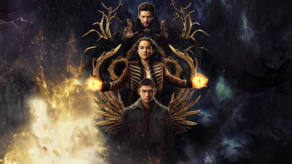 Epic fantasy series artwork showing three central characters with glowing magic, dark atmospheric background, and dramatic ensemble composition similar to Shadow and Bone