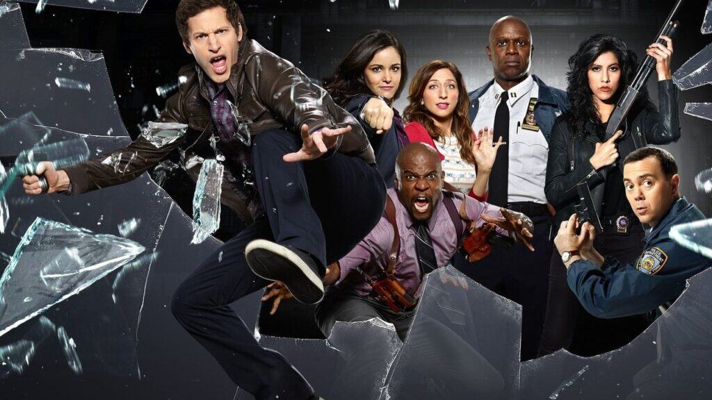Ensemble of detectives bursting through shattered glass in a dynamic action pose, capturing the fast-paced humor of fast paced workplace comedies like Brooklyn Nine-Nine.