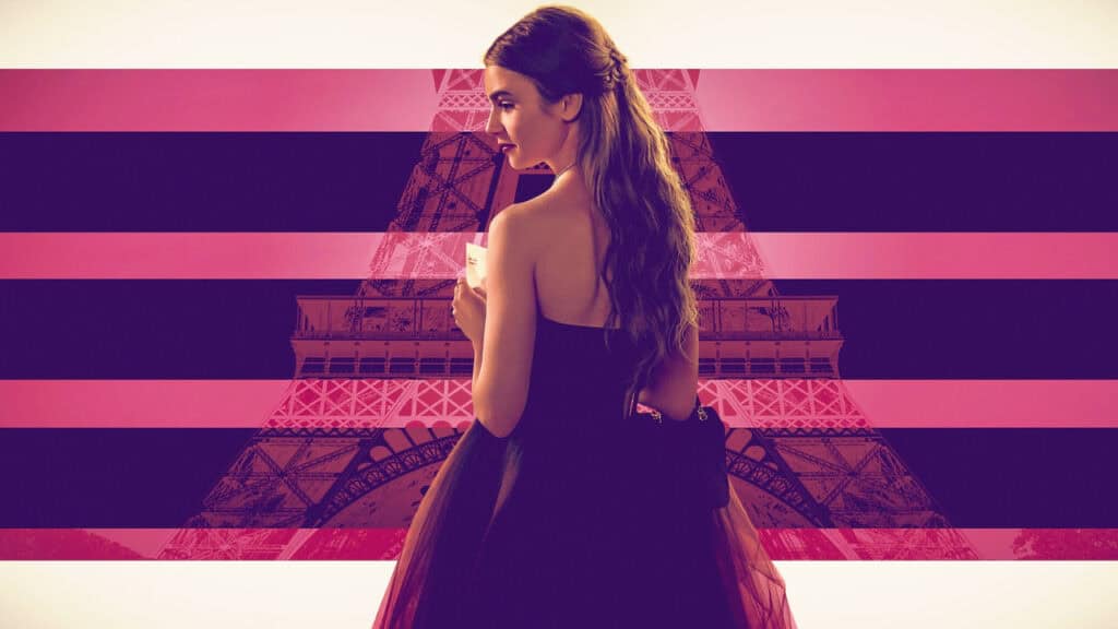 A woman in an elegant black dress standing in front of a graphic Eiffel Tower design with pink and purple tones.