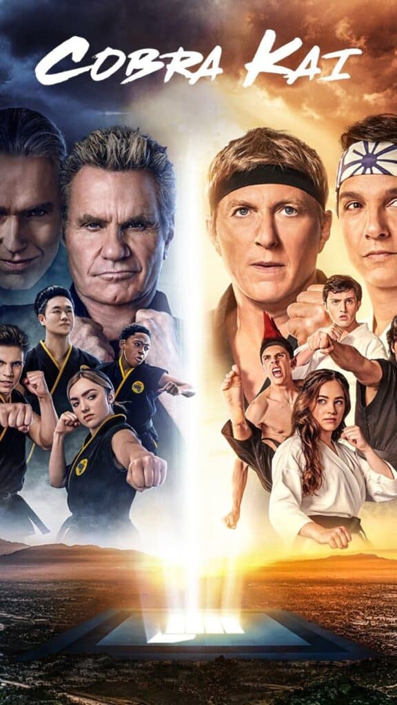 Promotional poster for Cobra Kai showing rival karate dojos facing off, with adult senseis and teenage fighters in combat stances under dramatic lighting.