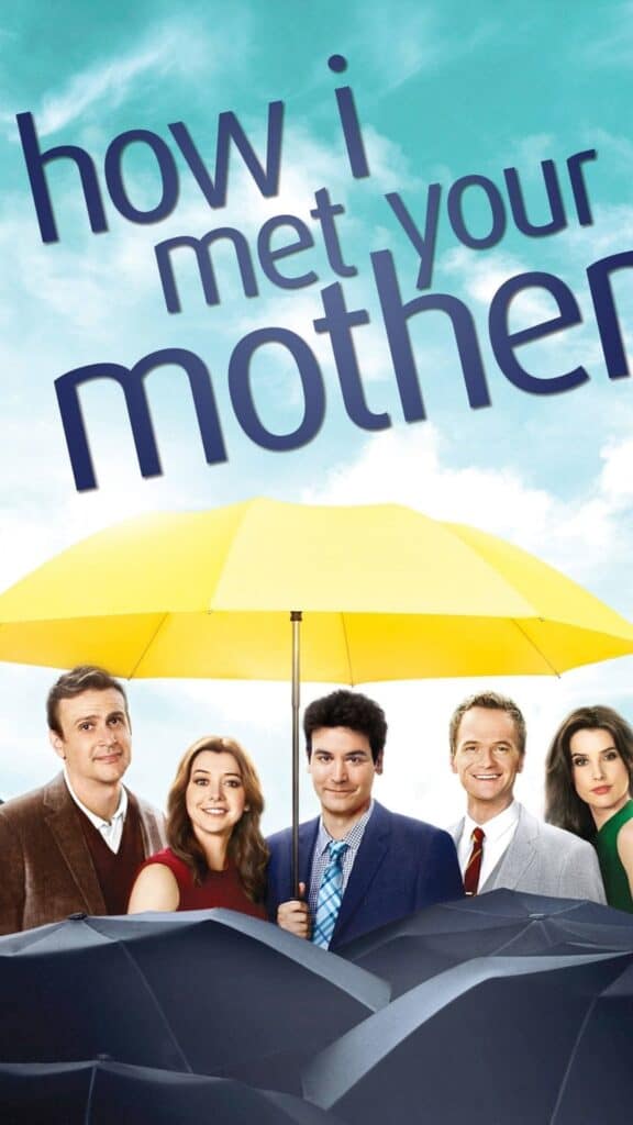 How I Met Your Mother cast poster showing the main group standing together under a yellow umbrella against a cloudy blue sky.