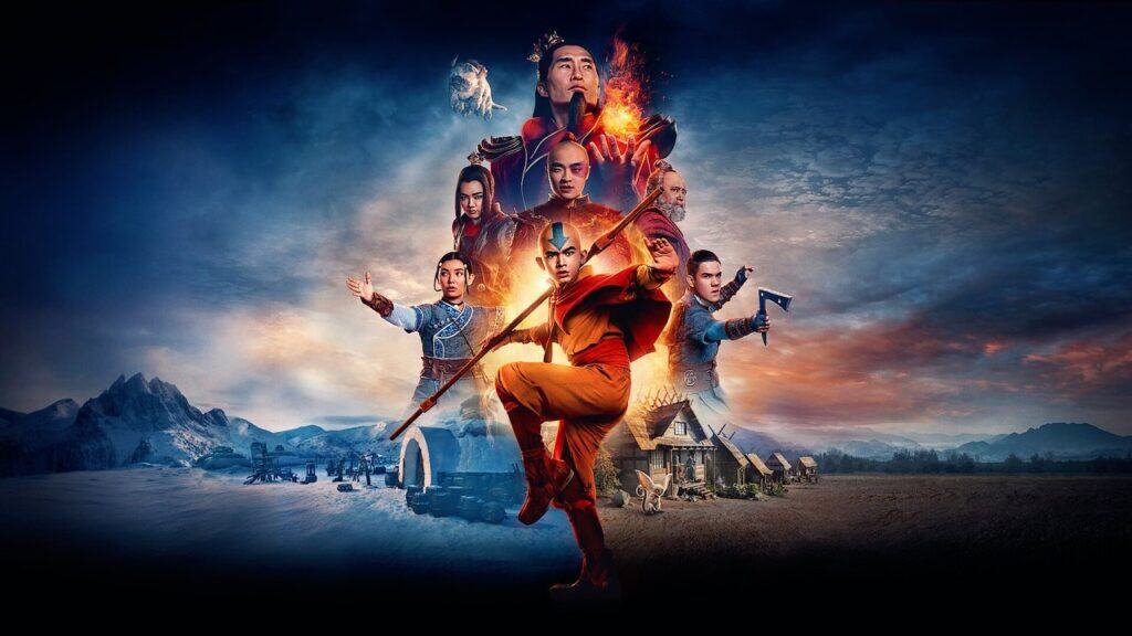Avatar The Last Airbender characters in battle poses with elemental powers forming around them in a dramatic fantasy landscape