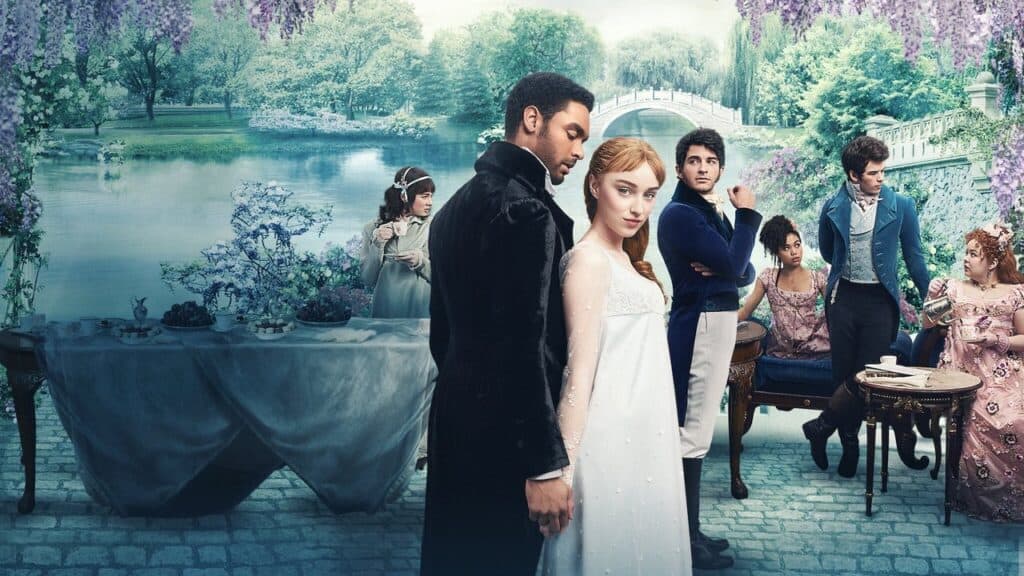 A group of elegantly dressed Regency-era characters stand in a lush garden, with a couple in the foreground facing away from each other as others watch from behind.