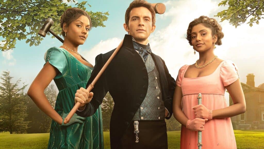 Three well-dressed Regency-era characters stand outdoors, two women and one man, holding croquet mallets and gazing confidently toward the camera.