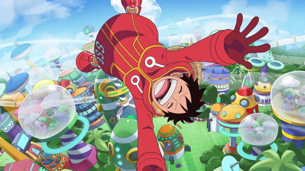 Monkey D. Luffy flies joyfully through the sky above a colorful futuristic city filled with domed buildings and advanced technology in One Piece.