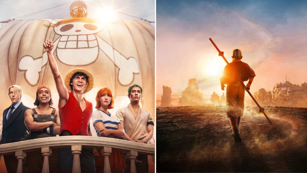One Piece live action characters standing on a ship in front of a smiling pirate sail beside a lone Avatar figure walking toward a glowing horizon
