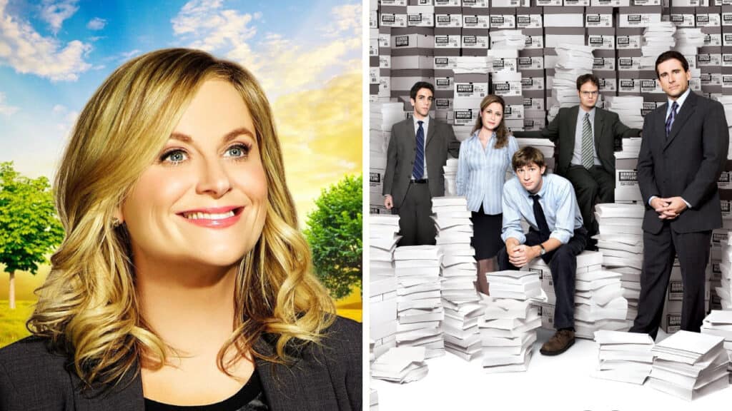Side-by-side image of Leslie Knope from Parks and Recreation and the main cast of The Office in their office setting, highlighting the contrast between upbeat optimism and workplace satire.