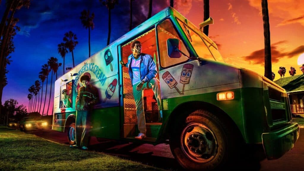 Franklin Saint stands outside an ice cream truck at night in a high tension scene from Snowfall.