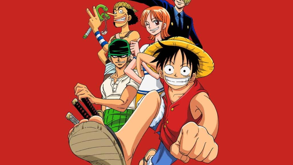 The Straw Hat Pirates from One Piece pose together against a solid red background, featuring Luffy smiling in the foreground with Zoro, Nami, Usopp, Sanji, and others behind him.