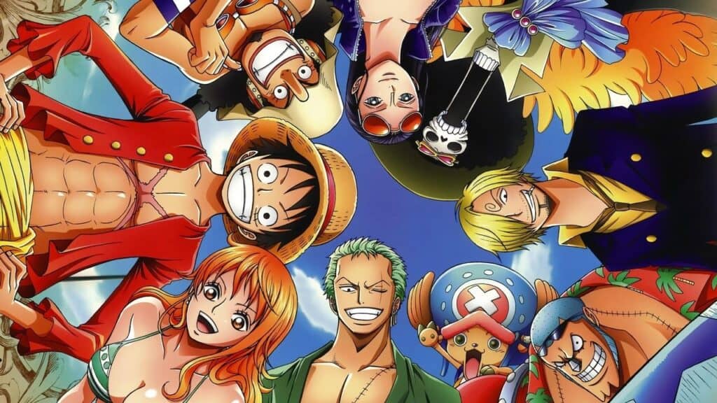 The Straw Hat Pirates form a circle and look down toward the viewer, smiling and laughing together, highlighting the group’s bond and playful energy in One Piece.