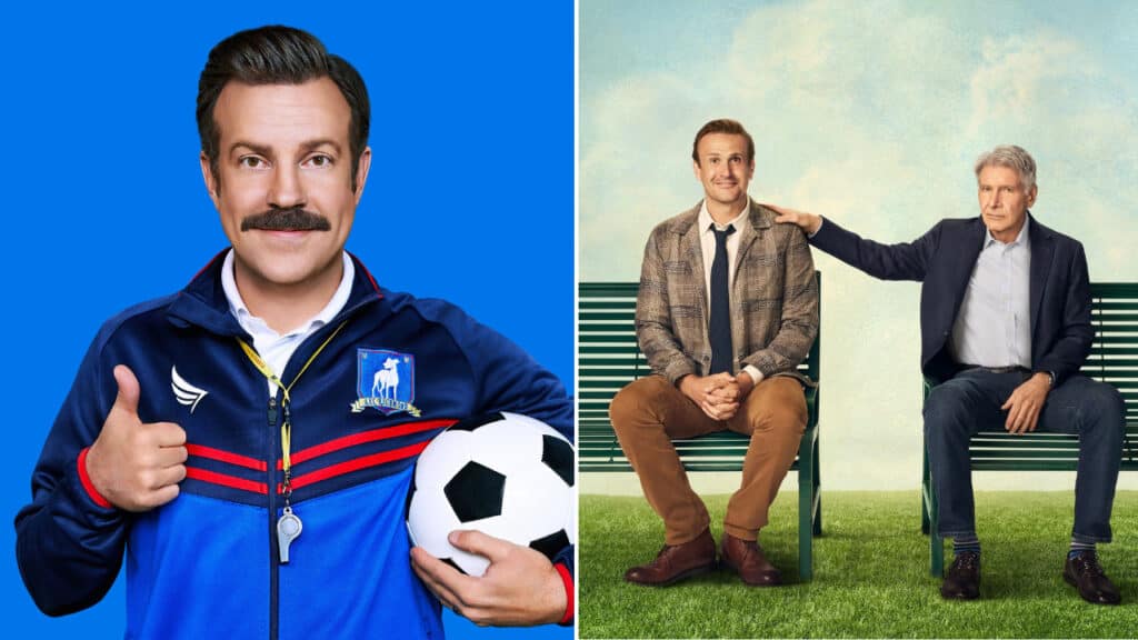 A cheerful soccer coach in a blue tracksuit holds a soccer ball and gives a thumbs up against a bright blue background. Two men sit on a park bench as an older man rests a reassuring hand on the younger man’s shoulder, suggesting emotional support and mentorship.