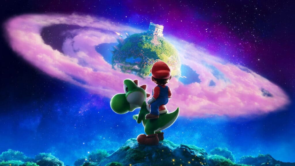 A concept poster establishing the cosmic wonder of movies like The Super Mario Galaxy Movie, showing Mario and Yoshi gazing at a distant, gravity-defying planet.
