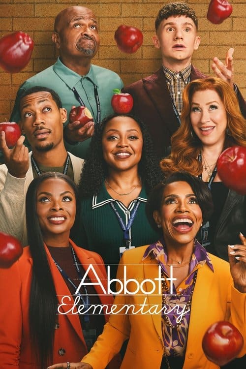 The cast of Abbott Elementary looking upward while red apples fall around them, featuring Janine Teagues and the rest of the Philadelphia public school teaching staff.