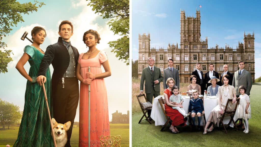 Split image showing Bridgerton characters in colorful Regency attire beside Downton Abbey cast posed in front of their English estate, highlighting differences in tone and style.