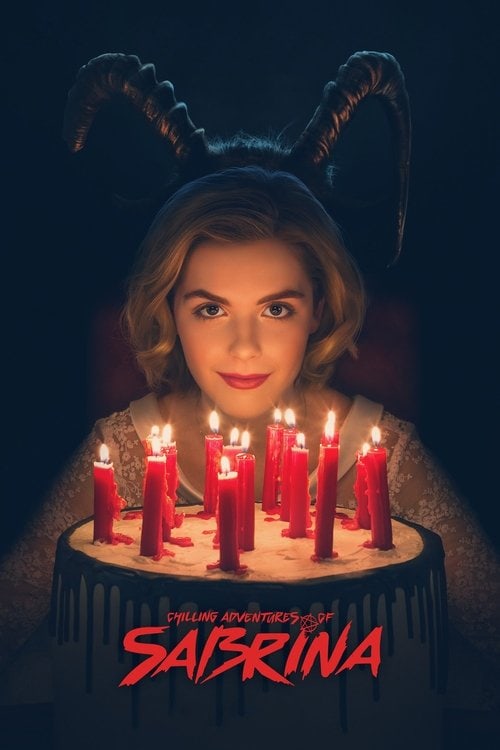 Sabrina from Chilling Adventures of Sabrina in front of a cake with red candles.