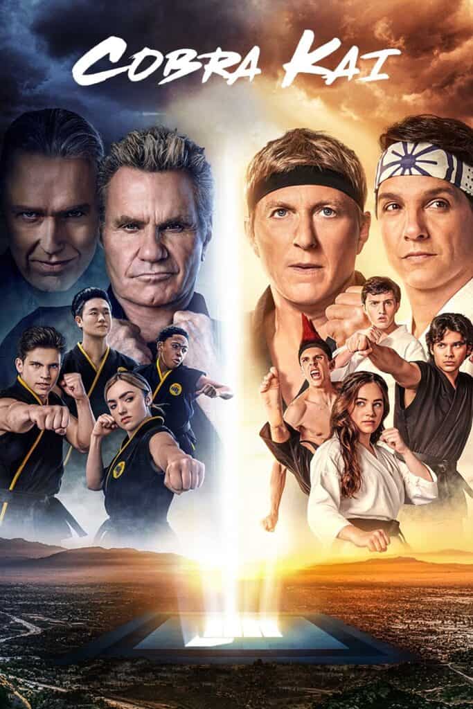 Cobra Kai ensemble poster featuring Johnny Lawrence, Daniel LaRusso, and the rival karate students from both dojos