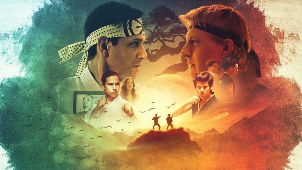 Stylized Cobra Kai poster showing Daniel LaRusso and Johnny Lawrence facing each other with younger karate students below