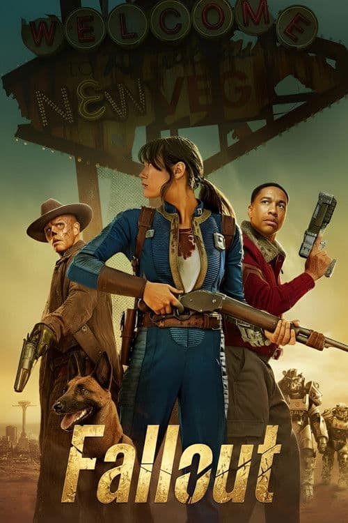 Fallout promotional poster showing Lucy holding a rifle with The Ghoul, Maximus, and Dogmeat standing beneath a Welcome to New Vegas sign in the desert.