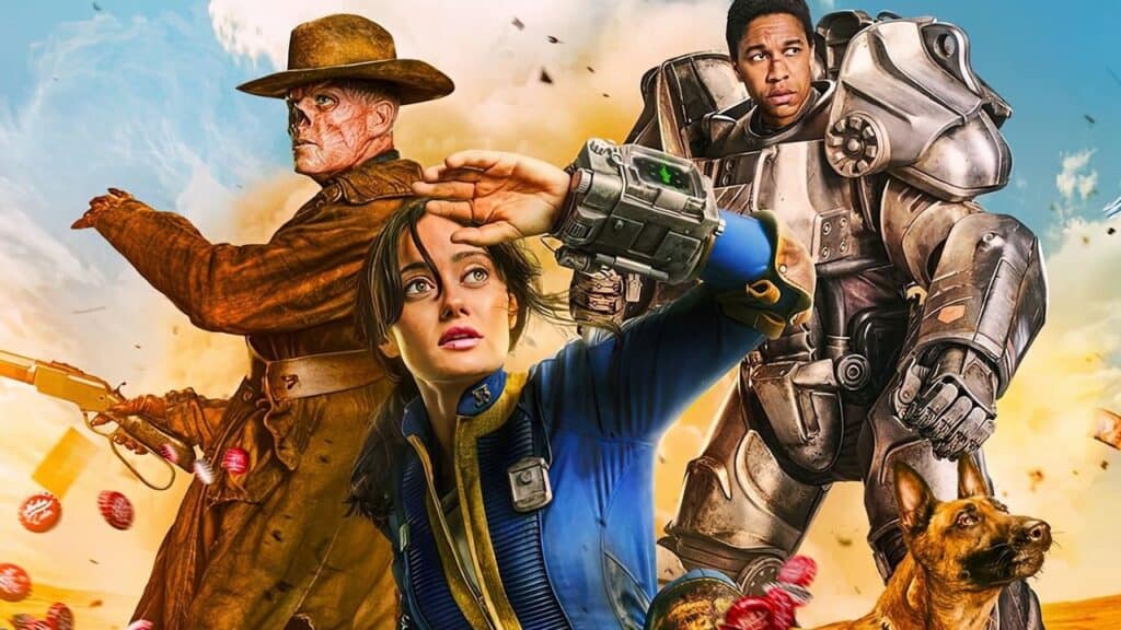 Action image from Fallout showing Lucy in the foreground with The Ghoul, a Brotherhood of Steel soldier in power armor, and a dog against a bright desert backdrop.
