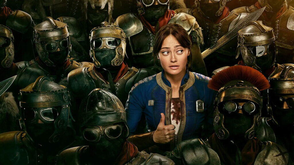 Fallout promotional image showing Lucy in her blue vault suit giving a thumbs up while surrounded by masked armored raiders.