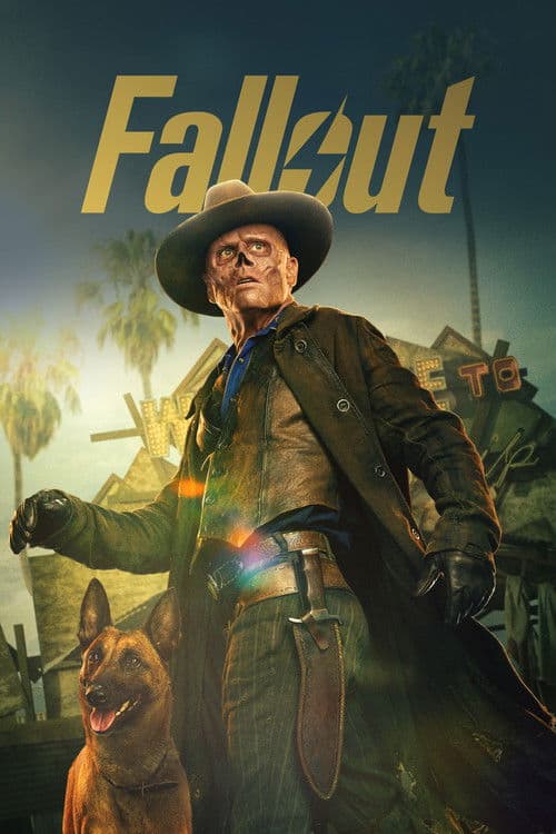 Poster for Fallout showing The Ghoul in a cowboy hat and long coat standing in a desert setting with a dog beside him.