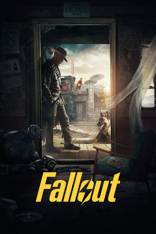 Fallout poster showing The Ghoul standing outside a doorway with Dogmeat nearby, viewed from inside a dim abandoned room.