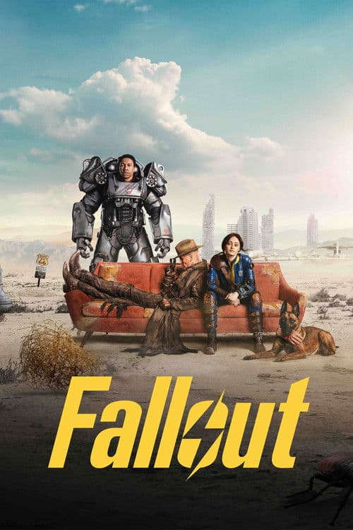 Fallout poster showing three main characters in a desert wasteland, including a vault dweller, a man in power armor, The Ghoul, and a dog around a worn couch.