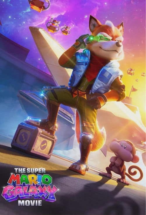 A promotional image for "The Super Mario Galaxy Movie" shows Fox McCloud, an anthropomorphic fox in a blue vest, green suit, and scouter, standing confidently with his foot on a block. He holds a hand to his head, adjusting his scouter. To his right, a small brown monkey companion with its hands clasped looks up at him. They are standing on a platform against a backdrop of a colorful nebula and spacecraft. The title logo is at the bottom.
