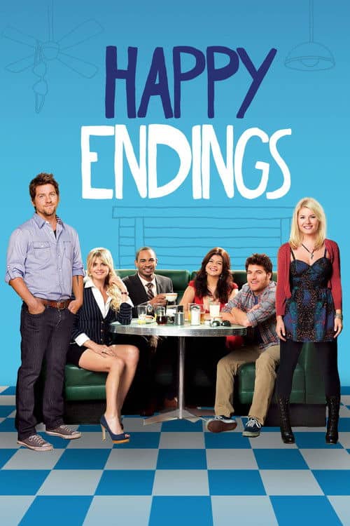 Promotional poster for Happy Endings featuring the main cast gathered around a diner booth against a blue background.