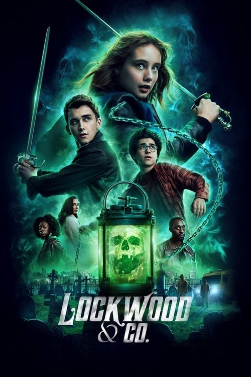 Promotional poster for Lockwood & Co. featuring three young ghost hunters with glowing green supernatural effects and a lantern with a skull inside.